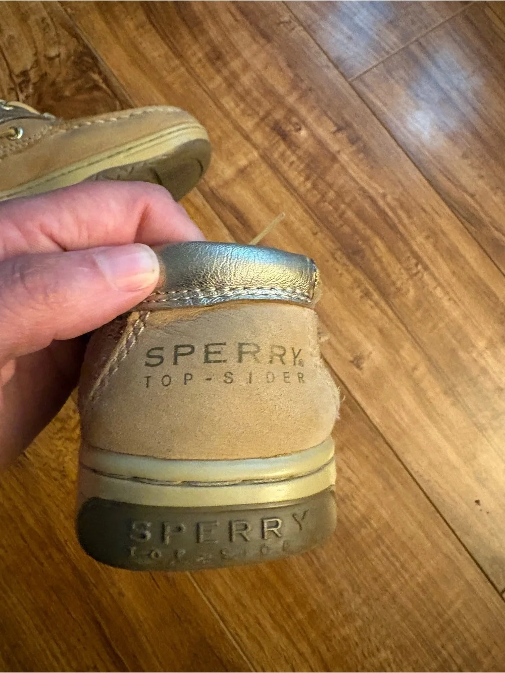 Sperry Kids Moccasin Boat Shoes in Light Brown with Gold Accents